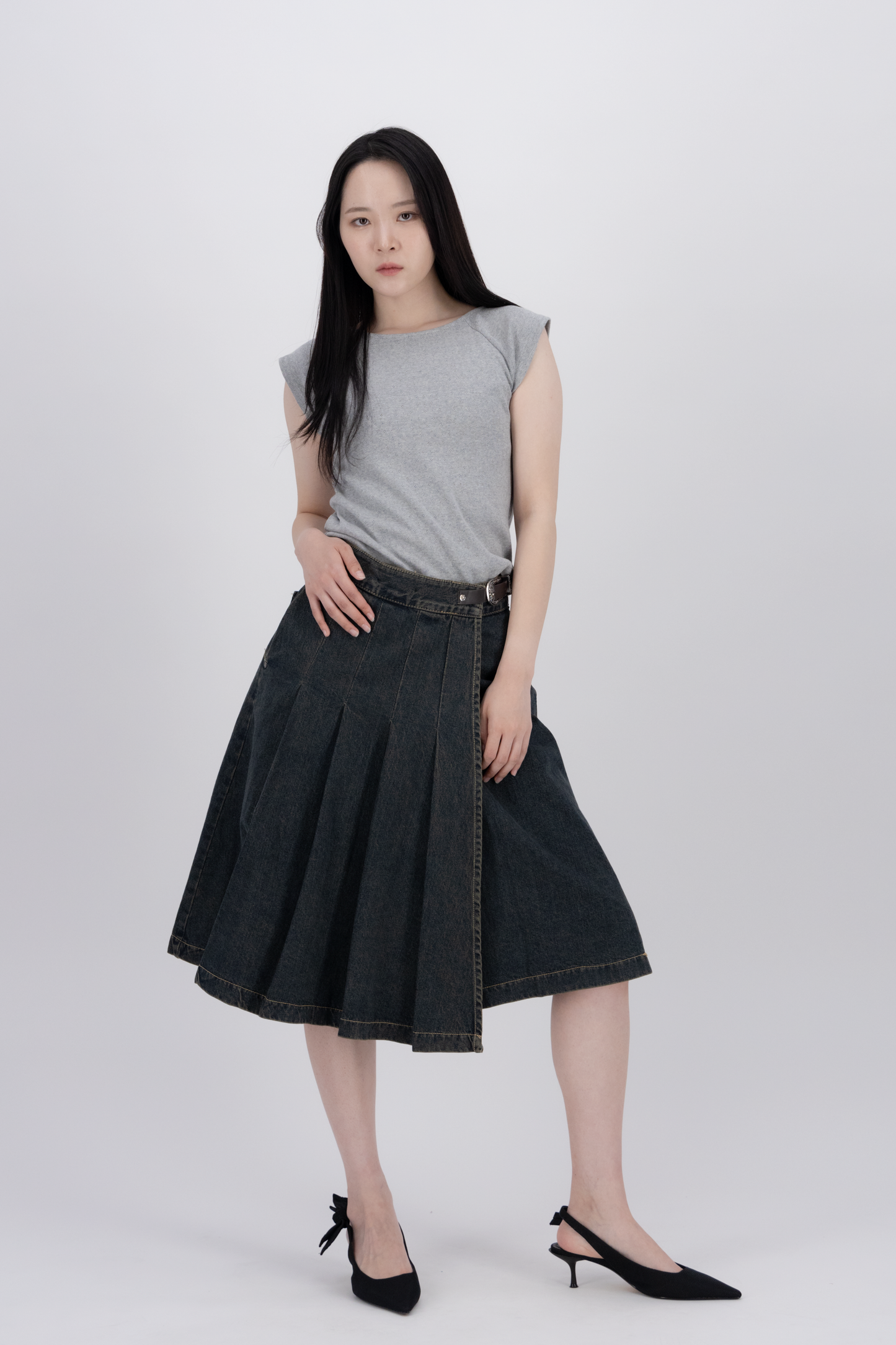 Tokyo Pleated Denim Mid Skirt BL