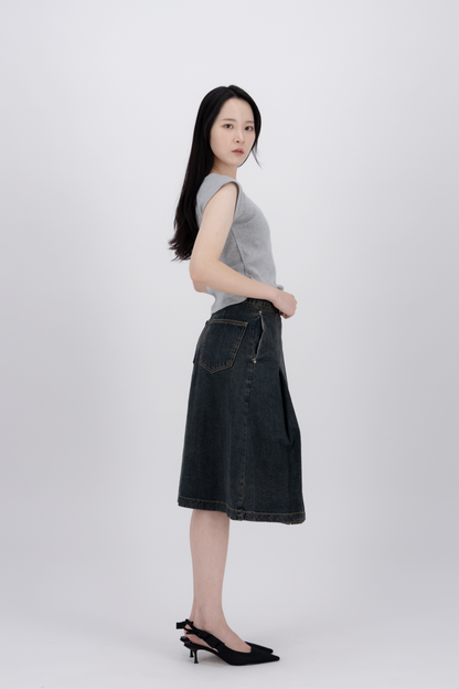 Tokyo Pleated Denim Mid Skirt BL