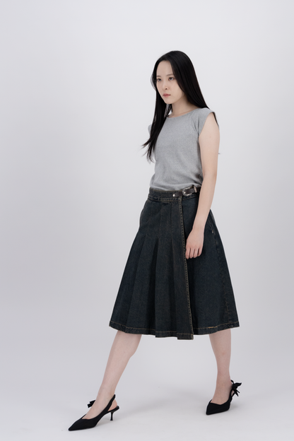 Tokyo Pleated Denim Mid Skirt BL