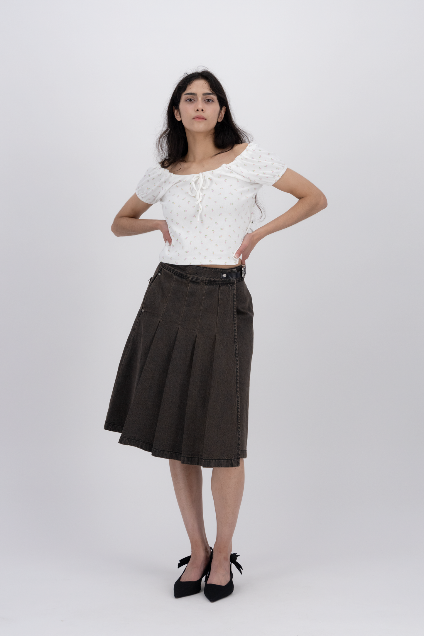 Tokyo Pleated Denim Mid Skirt BR